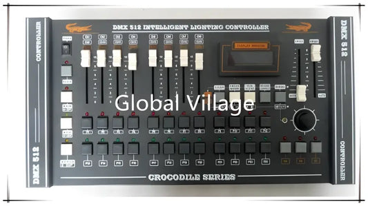 Modern black and white 504-channel dmx controller with digital display screen and white knobs for dj stage lighting