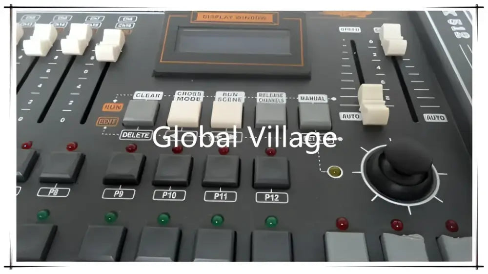 Modern black and white 504-channel dmx controller with white knobs labeled global village for dj stage lighting use