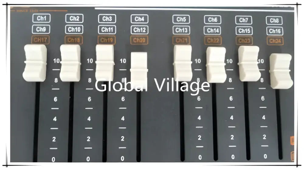 Modern black and white 504-channel dmx controller with white faders and channel labels for dj stage lighting