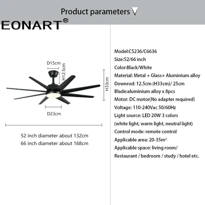 Modern black and white 8-blade ceiling fan with remote control led light metal glass and aluminum alloy for bedroom
