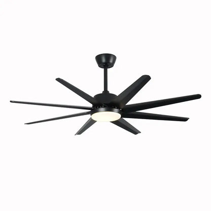 Modern black and white ceiling fan with eight sleek blades, led light, and remote control for bedroom use