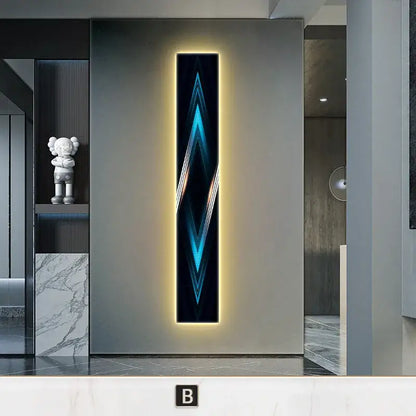 A sleek modern black and white abstract led wall lamp with dynamic blue and white geometric patterns for living room decorbites abstract led
