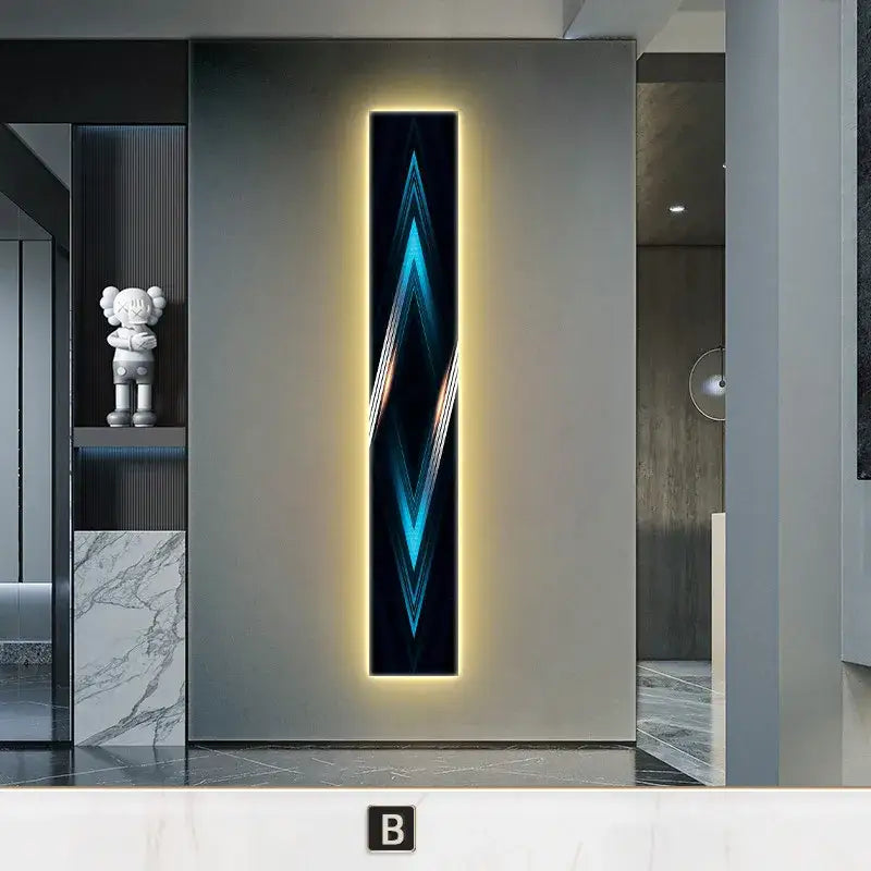 A sleek modern black and white abstract led wall lamp with dynamic blue and white geometric patterns for living room decorbites abstract led