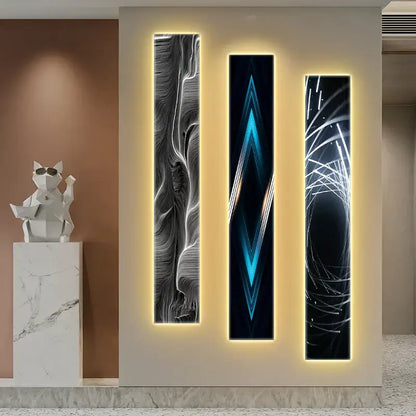 Modern black and white abstract led wall lamp featuring three vertical led-lit panels with decorbites abstract led design