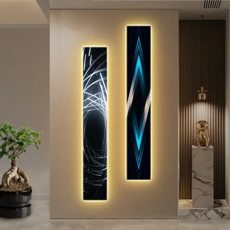 Modern black and white abstract led wall lamp featuring two vertical led-lit panels with glowing blue and white geometric designs