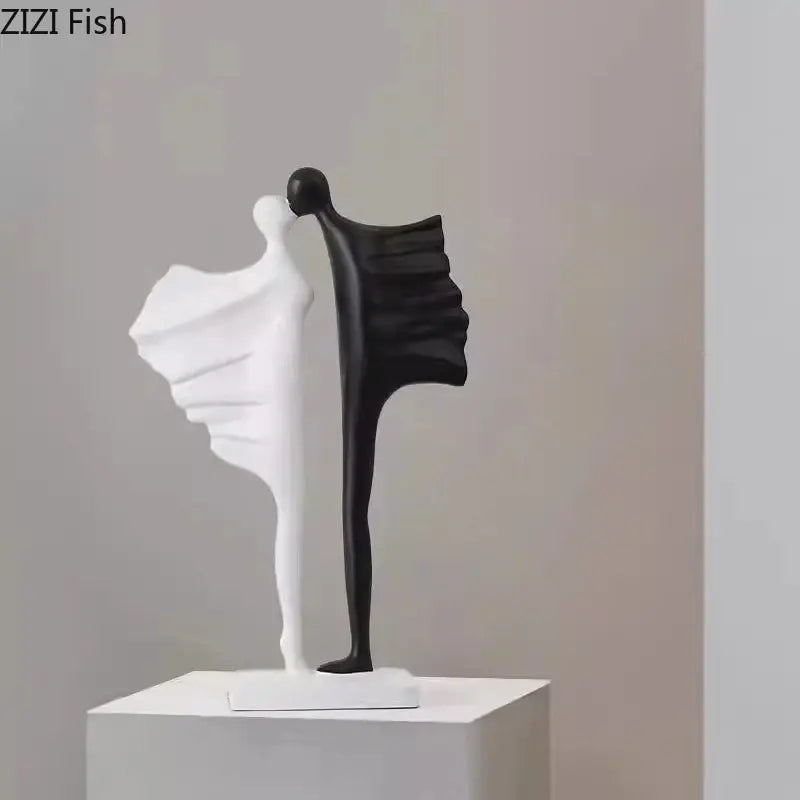 Modern black and white abstract lovers resin sculpture with flowing forms on a minimalist pedestal for decorbites abstract lovers decor