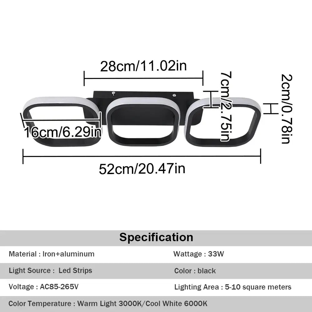 Modern black and white acrylic led ceiling lamp with three oval illuminated sections for decorbites acrylic led lighting