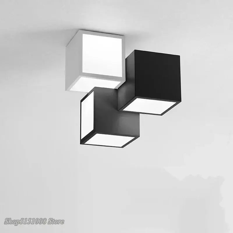 Modern black and white acrylic led ceiling light with three interlocking cube panels for bedroom decorbites acrylic led design