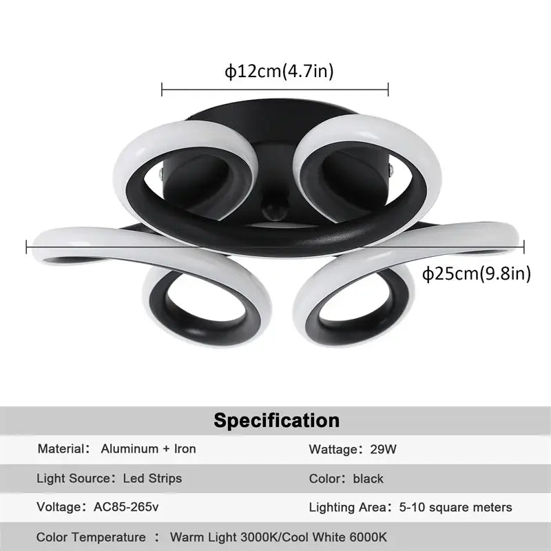 Modern black and white acrylic led ceiling light with curved aluminum and iron arms in swirl design for bedroom decorbites acrylic led