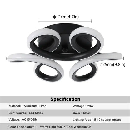 Modern black and white acrylic led ceiling light with curved aluminum and iron arms in swirl design for bedroom decorbites acrylic led