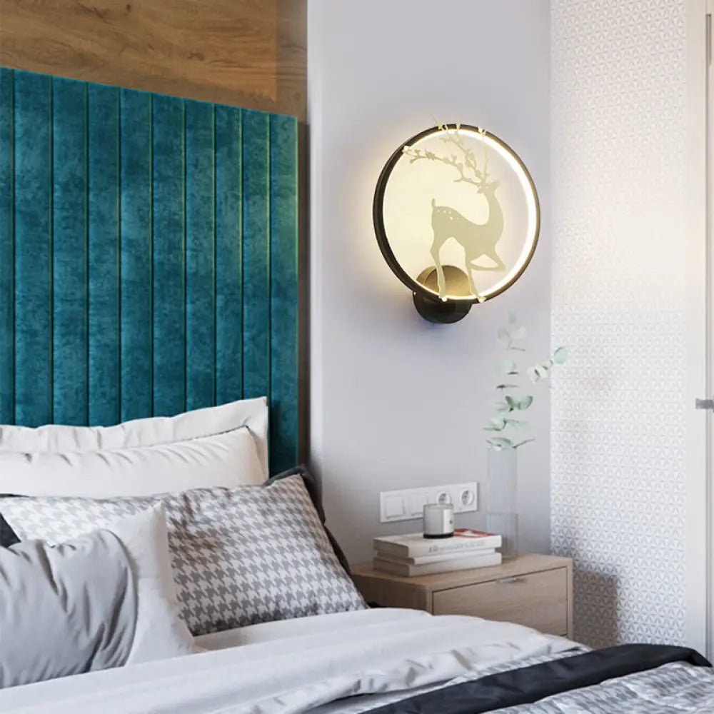 DecorBites™ DecorBites™ Modern Black/White Acrylic LED Ring Sconce: Wall Mount Lighting with Sika Deer Design