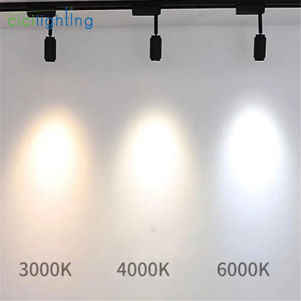 Modern black and white adjustable beam angle track spotlight featuring three distinct white light tones 3000k 4000k 6000k