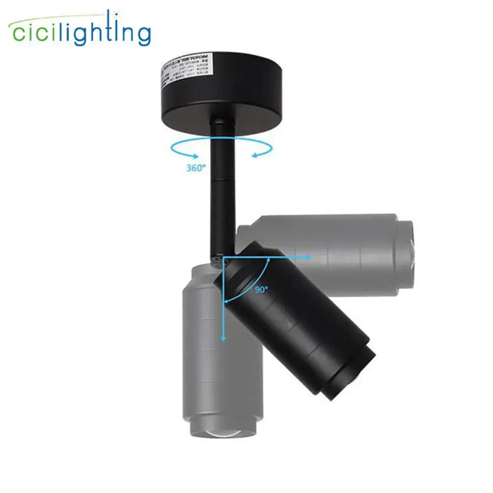 Modern black cylindrical adjustable beam angle track spotlight with 360 degree rotation and 90 degree tilt capabilities
