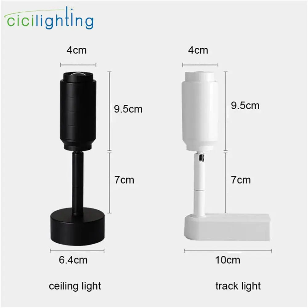 Modern black and white track spotlight with adjustable beam angle and sleek metallic bases for ceiling or wall mounting