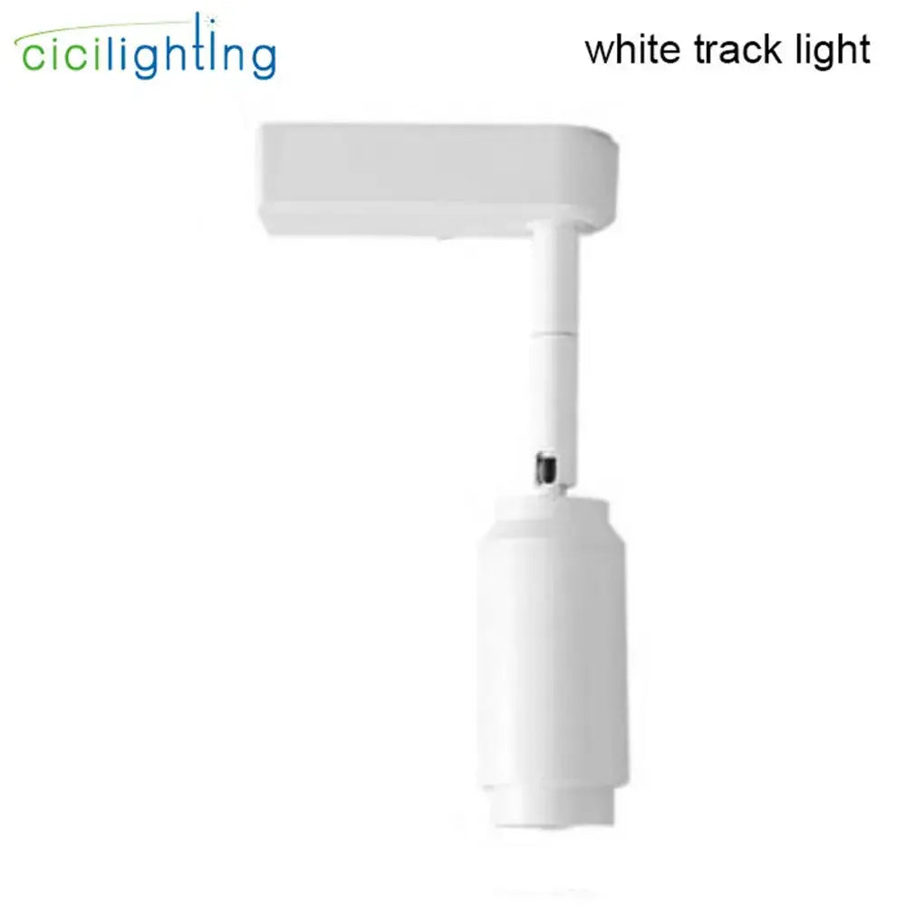 White track spotlight with sleek cylindrical design and smooth plastic finish featuring adjustable beam angle