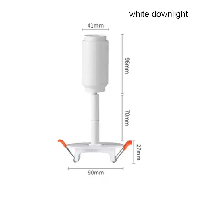 White downlight track spotlight with cylindrical body, orange mounting brackets, and adjustable beam angle markings