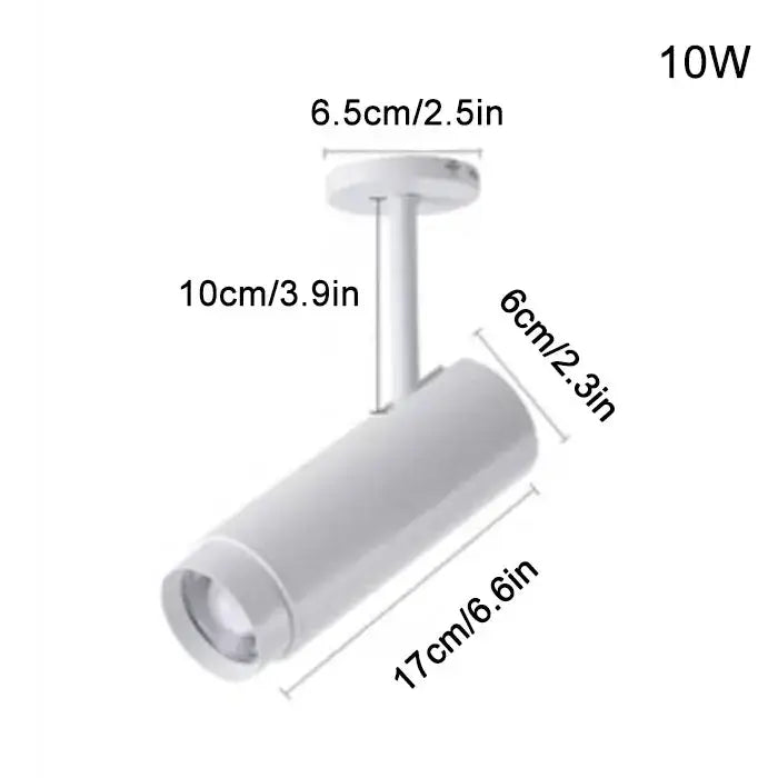 White cylindrical track lighting fixture with 10w power rating and decorbites adjustable beam for modern office decor