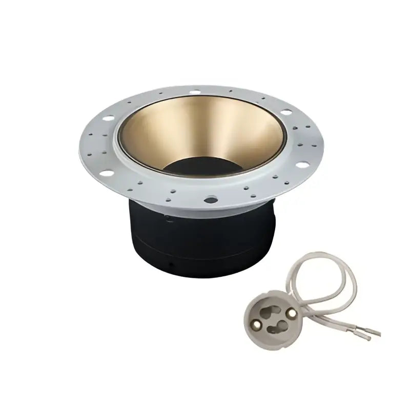 Silver and black speaker component with gold cone and flanged ring in modern black and white decorbites adjustable gu10 mr16 ceiling downlight