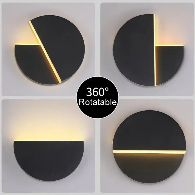 Modern black wall lamp with decorbites adjustable led featuring a gold illuminated strip creating geometric patterns