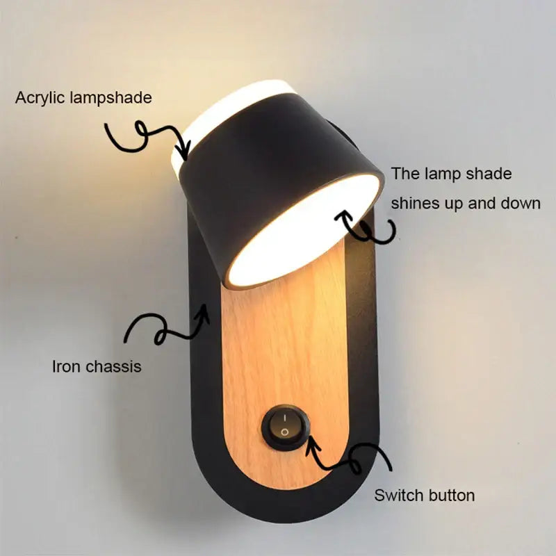 Modern black and white wall lamp with black acrylic shade wooden iron chassis and decorbites adjustable wall switch button