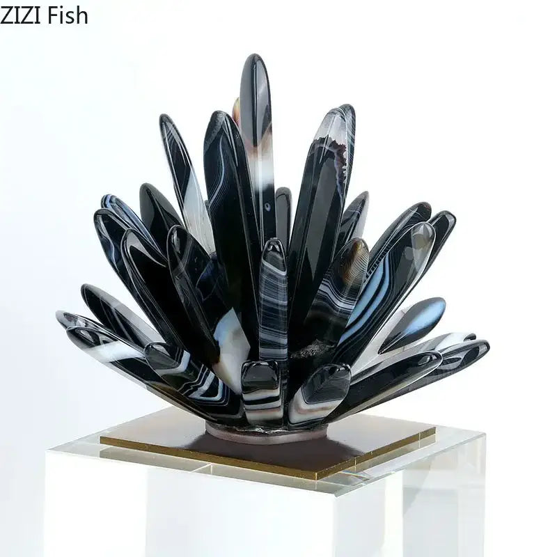 Modern black agate flower crystal art sculpture with layered petal design for living room decor
