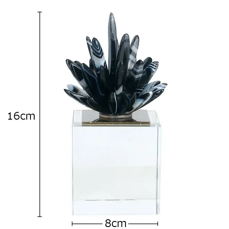 Modern black and white agate flower crystal art sculpture with black agate stripes on clear acrylic base for decor