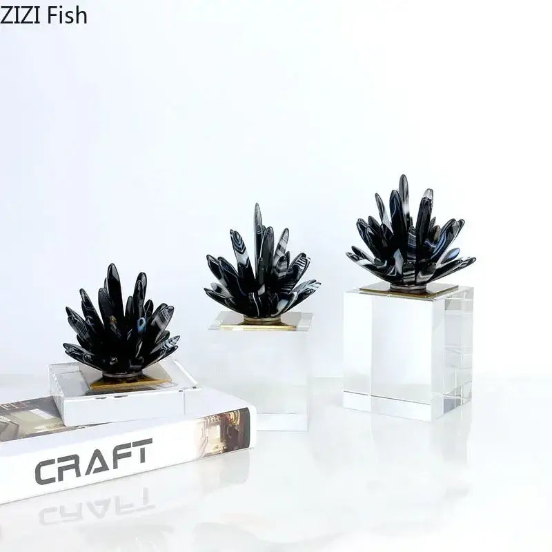 Modern black and white agate flower crystal art featuring black agate cactus sculptures on clear acrylic bases for decor
