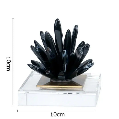 Modern black agate flower crystal art cactus sculpture with glossy layered petals and gold accented base for living room decor