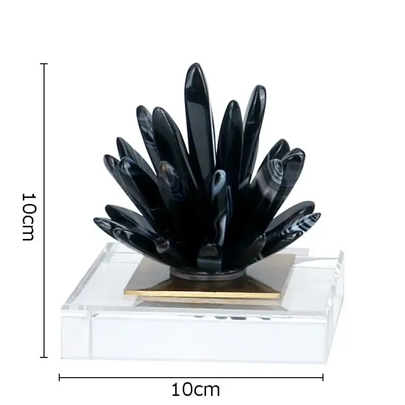 Modern black agate flower crystal art cactus sculpture with glossy layered petals and gold accented base for living room decor