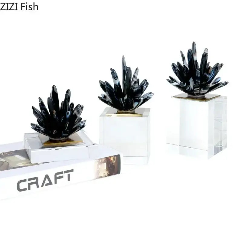 Modern black agate flower crystal art featuring black and white agate cactus sculptures on clear acrylic bases for living room decor