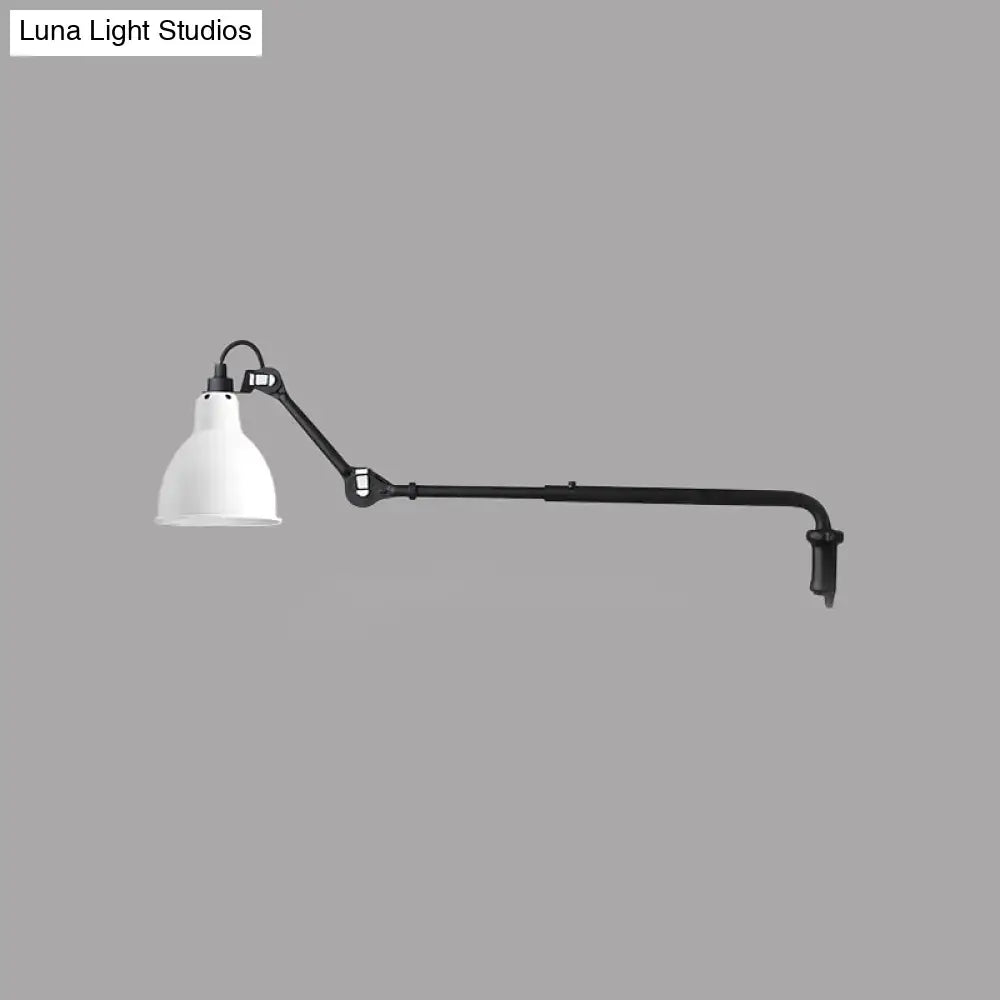 Modern black and white articulated bedroom wall lamp with direct wired electric power source and white conical shade