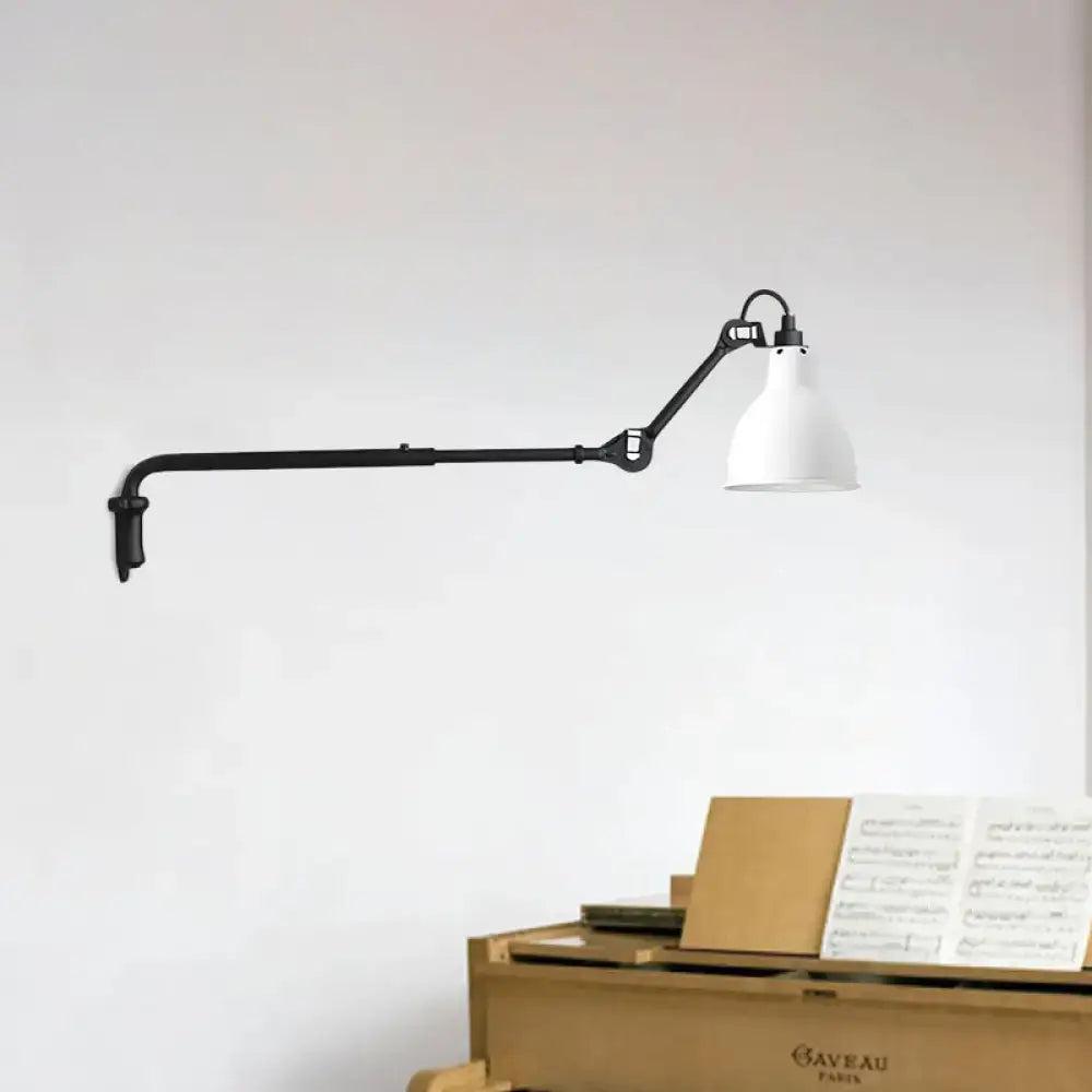 Modern black and white articulated bedroom wall lamp with direct wired electric power source and conical shade