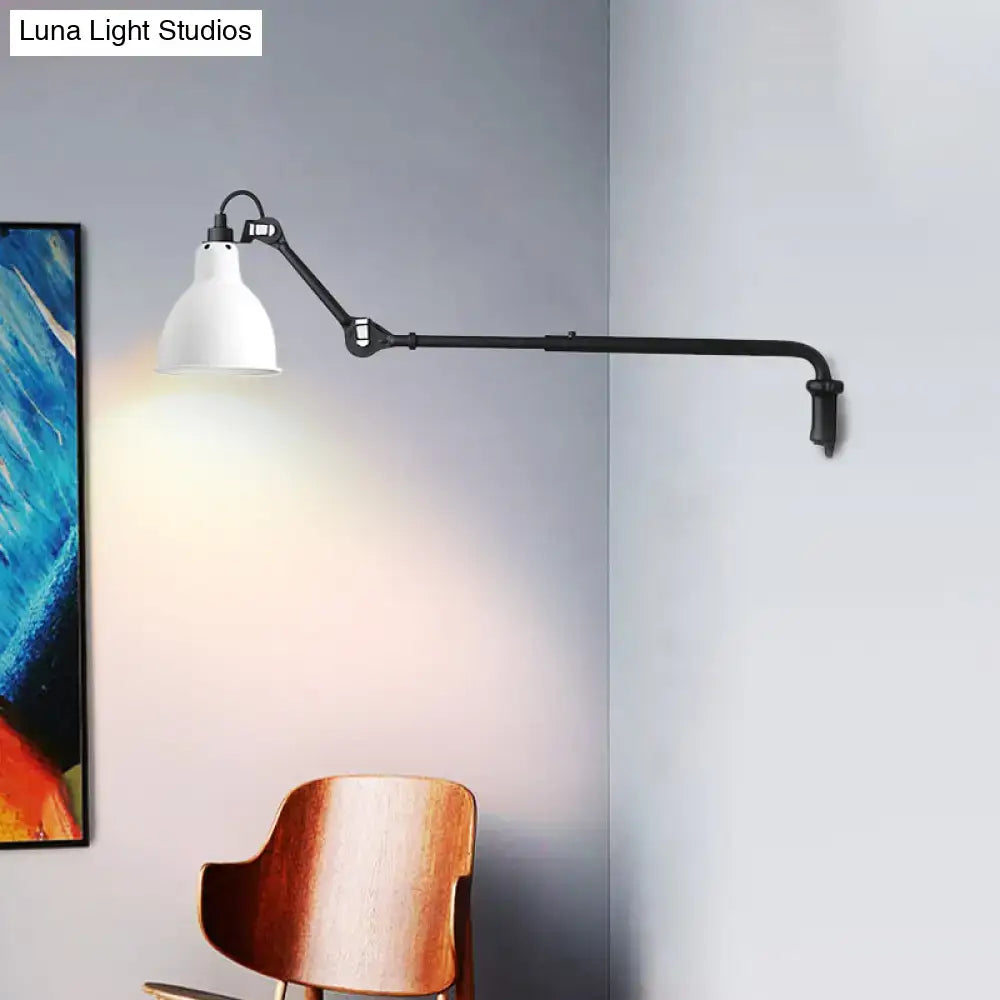 Modern black articulated bedroom wall lamp with white conical shade designed for direct wired electric power source