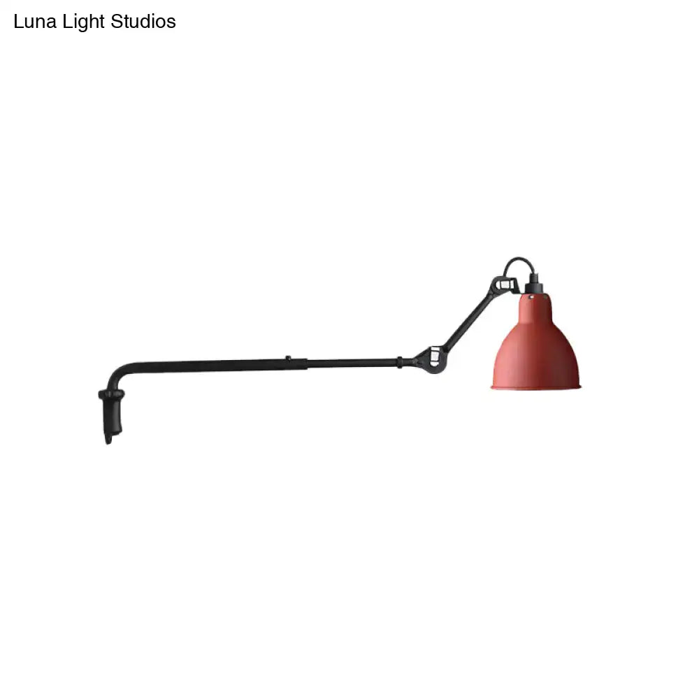 Modern red enamel wall-mounted lamp with black articulated arm and clamp using direct wired electric power source