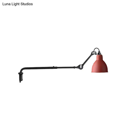 Modern red enamel wall-mounted lamp with black articulated arm and clamp using direct wired electric power source