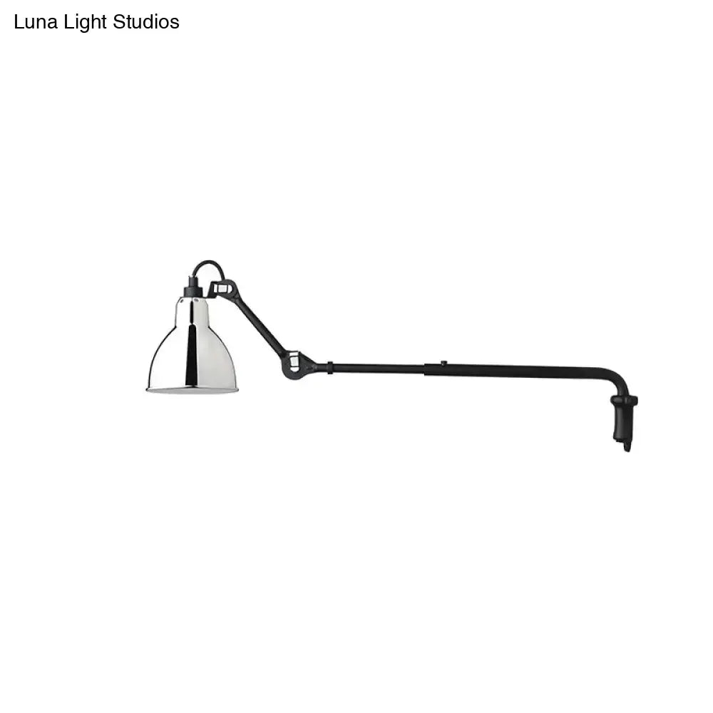 Modern black articulated bedroom wall lamp with polished chrome shade direct wired electric power source