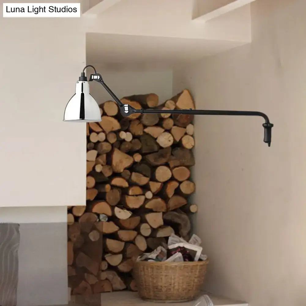Modern black articulated wall lamp with polished chrome shade direct wired electric power source for bedroom use