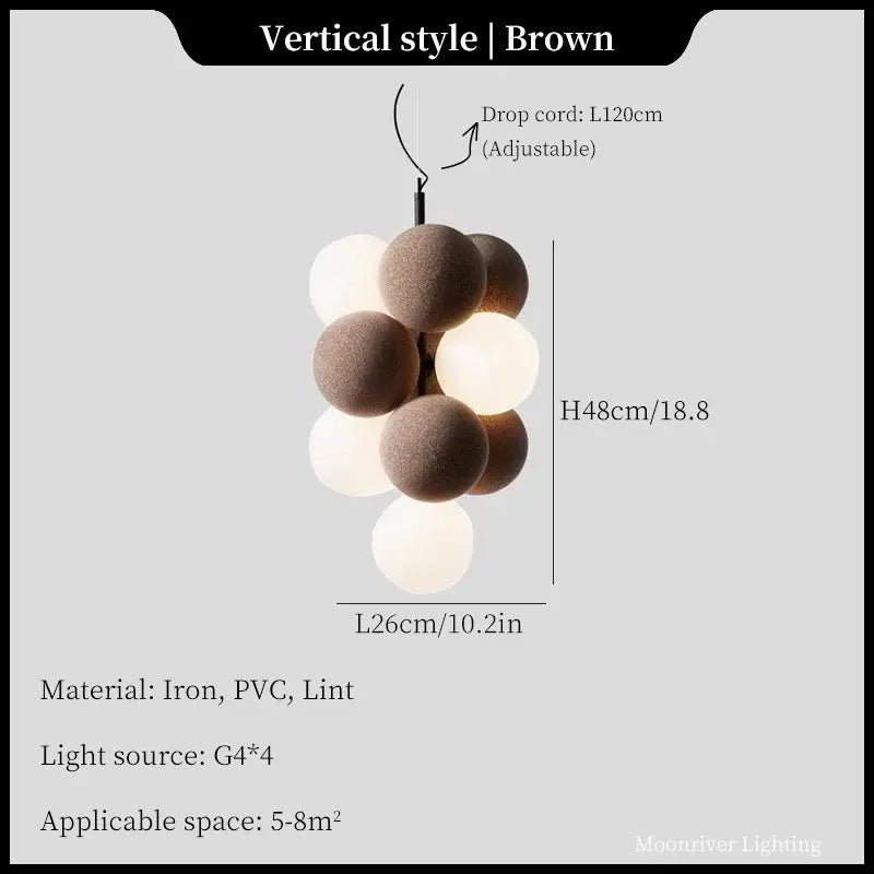Brown vertical pendant light with matte spherical bulbs made of iron pvc and lint in modern ball led ceiling chandelier