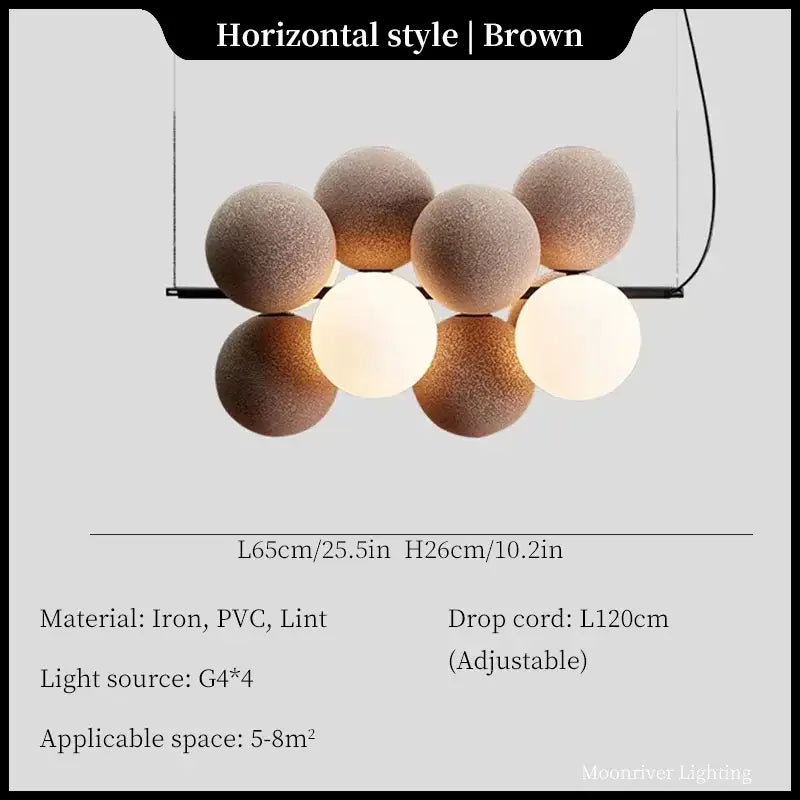 Modern black and white ball led ceiling chandelier with brown horizontal pendant and sleek black metal frame