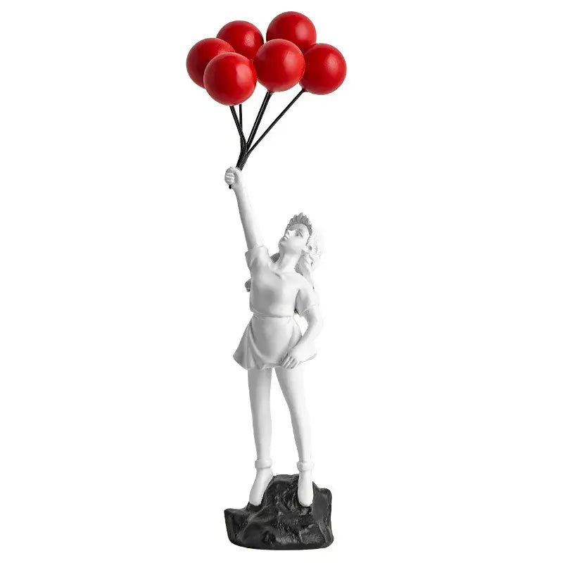 White resin balloon girl graffiti statue holding bright red balloons black strings modern living room decor
