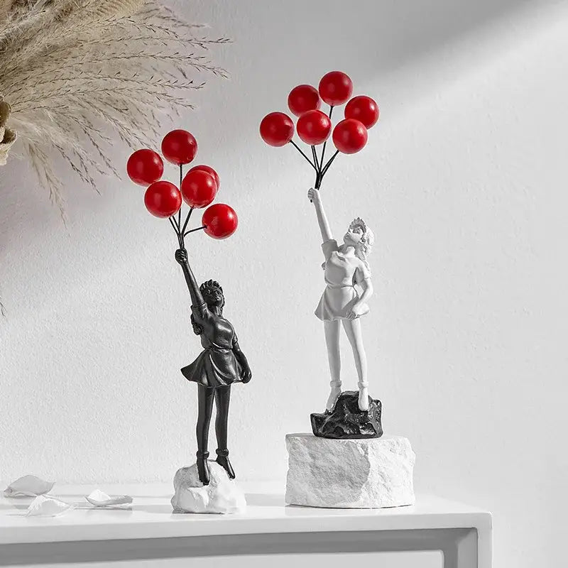 Modern black and white balloon girl graffiti statues holding red balloons for living room decor