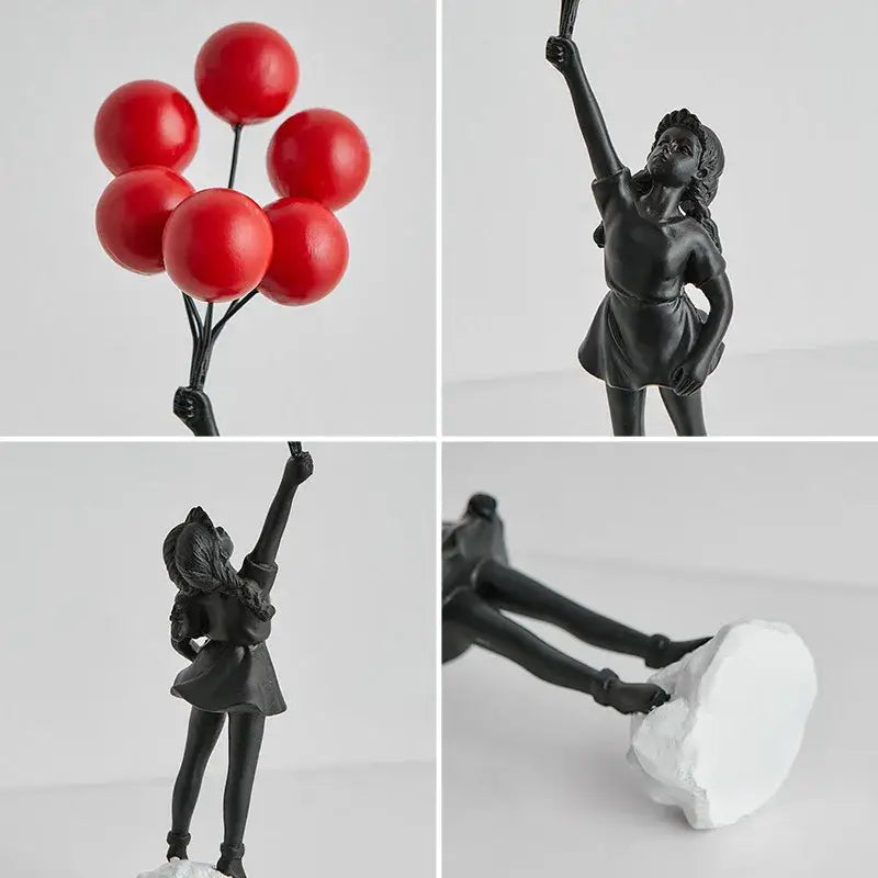 Black resin balloon girl graffiti statue holding red balloons on white base for modern living room decor