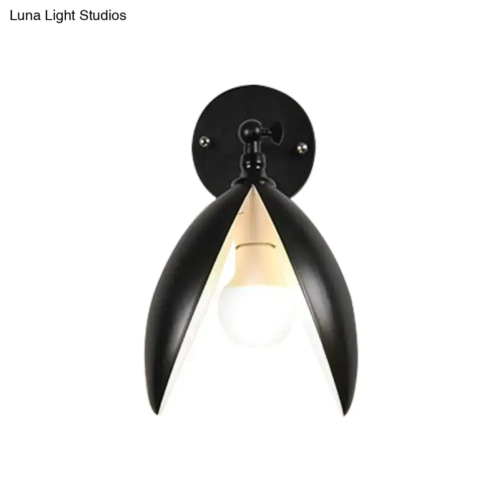 Modern black metal wall light with petal-like design and exposed bulb for living room blooming bud wall decor