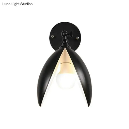 Modern black metal wall light with petal-like design and exposed bulb for living room blooming bud wall decor