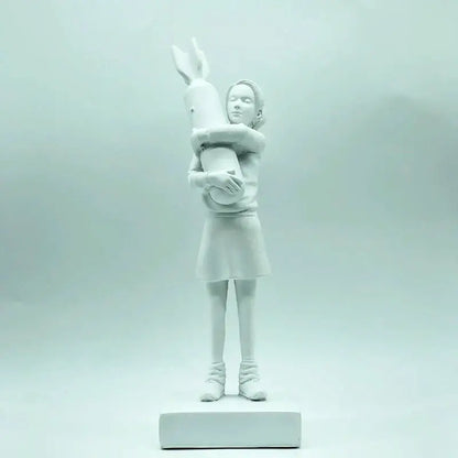 White ceramic bomb hugger girl resin figurine hugging a rabbit modern black and white decorbites statue for living room decor