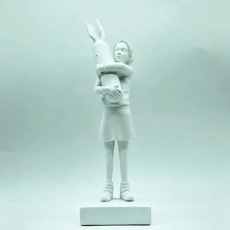White ceramic bomb hugger girl resin figurine hugging a rabbit modern black and white decorbites statue for living room decor