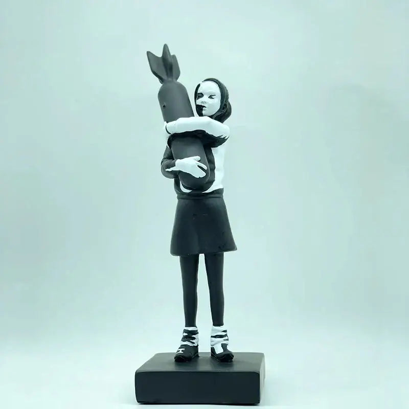Black resin hugger girl resin statue in school uniform hugging a bomb modern black and white decorbites bomb hugger
