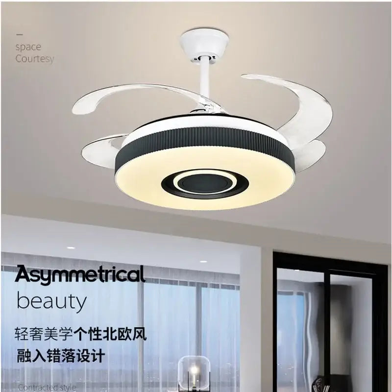 Modern black and white ceiling fan chandelier with sleek blades and integrated circular LED light for living room use