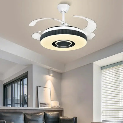 Modern black and white ceiling fan chandelier with sleek white blades and circular LED light for living room ceiling fan