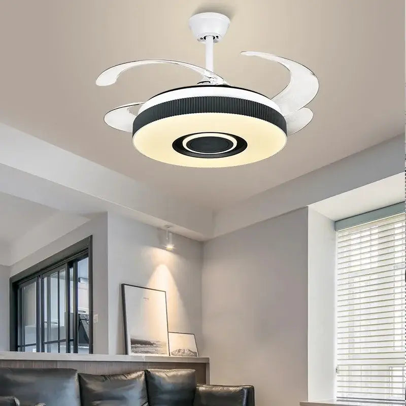 Modern black and white ceiling fan chandelier with sleek white blades and circular LED light for living room ceiling fan